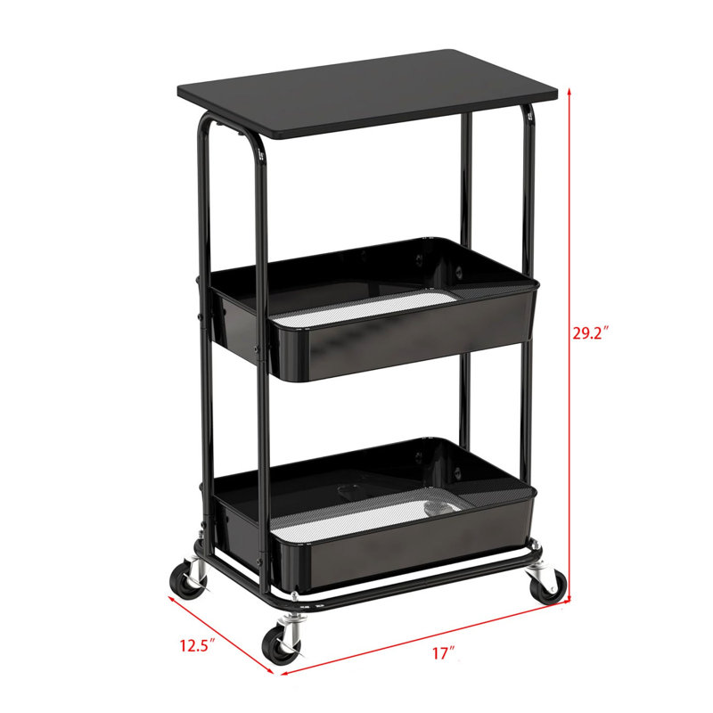 Chariot utilitaire roulant à 2 niveaux avec plateau supérieur, Noir