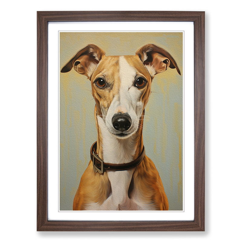 Whippet Realism No.2 - Single Picture Frame Print on Wood, Walnut, 34cm H x 25cm W x 2cm D