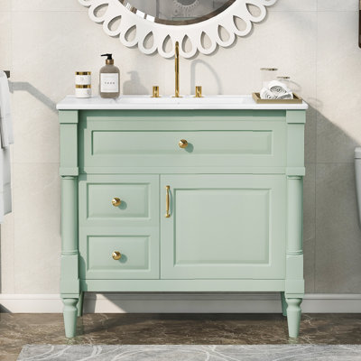 Meuble-lavabo 36 po avec lavabo Roomfitter, structure en bois massif, tiroir rabattable, 2 tiroirs et porte, vert