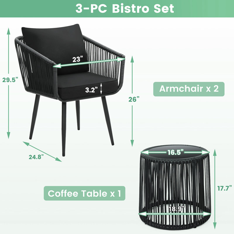 3 Pieces Patio Rattan Bistro Conversation Set, Outdoor All-Weather Wicker Furniture, Black, Black Cushion/Black Frame