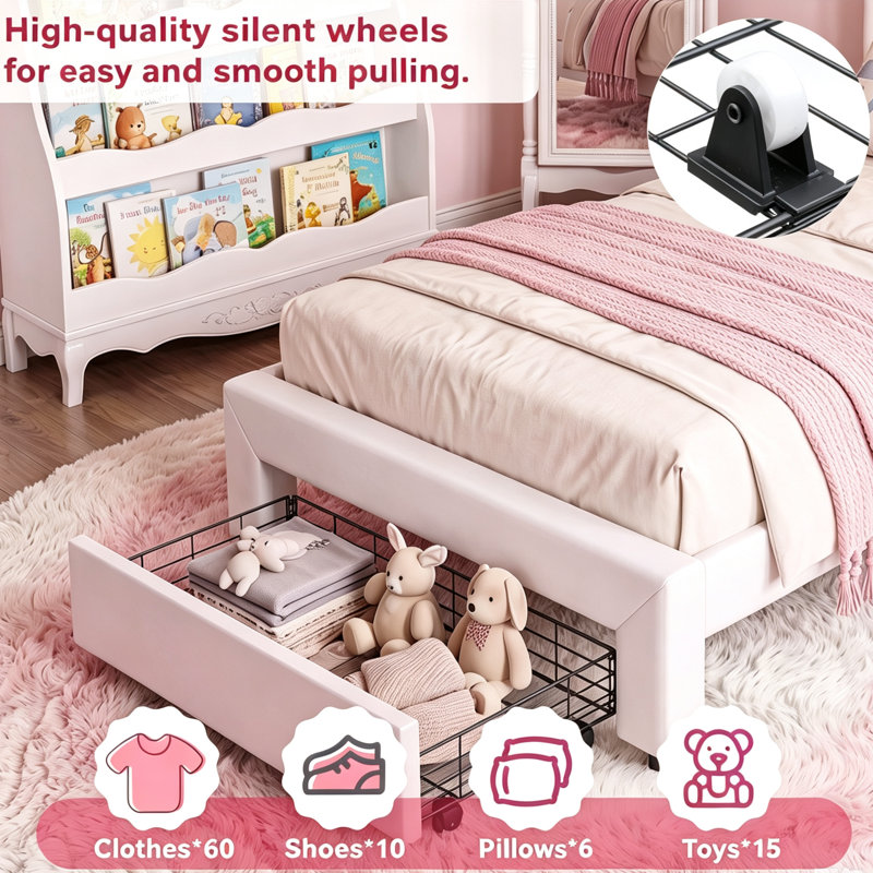 Warmth Single Bed Frame Kids Bed With LED, PU Upholstered Bed With Drawer And Adjustable Height Headboard, Platform Bed Frame With Solid Wood Slats, Easy Assembly