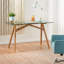 Bureau d'ordinateur moderne, bureau de bureau Mid-Century avec plateau en verre trempé et structure en A en bois d'acacia, poste de travail pour salle de réunion Home Office