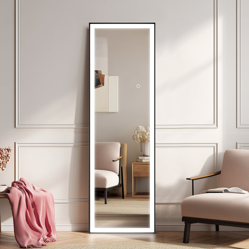 Miroir à DEL pleine longueur encadré avec verre trempé et anti-désargentage - Éclairage 3 couleurs, installation stable