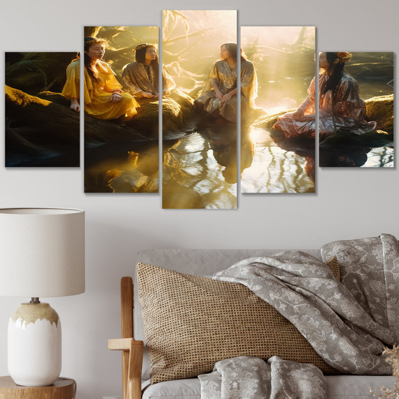 «Young Beautiful Goddesses Bathing In The River V», reproduction sur toile tendance - 5 panneaux