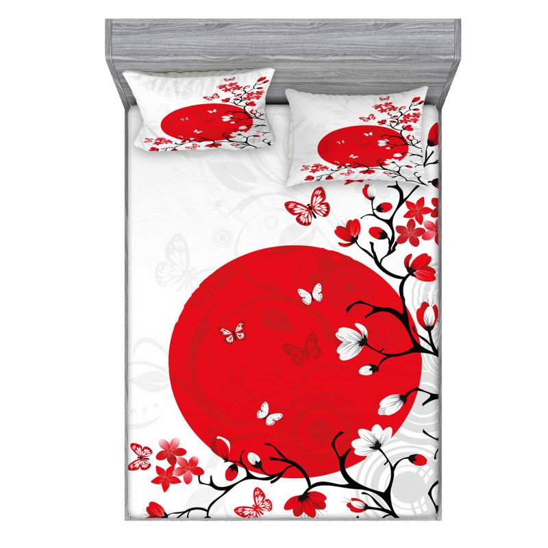 Japanese Microfiber Floral Sheet Set, Full Sheet Set + Fitted Sheet + 2 Pillowcases