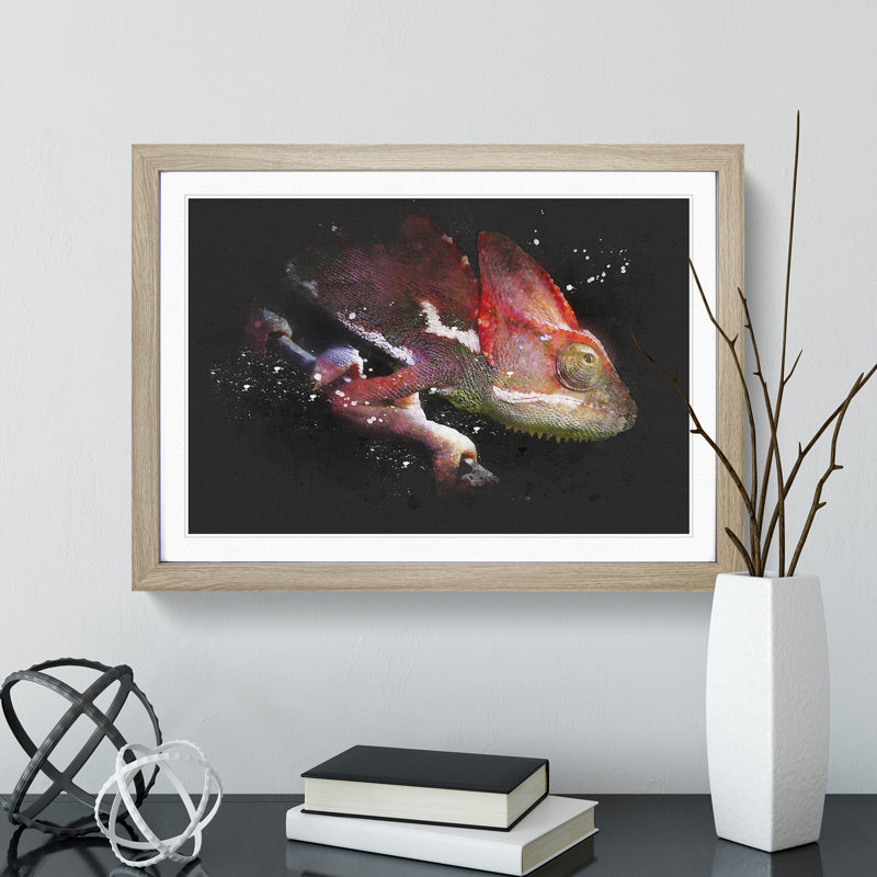Red Chameleon Lizard - Picture Frame Graphic Art, 24cm H x 33cm W x 2cm D, Oak Framed