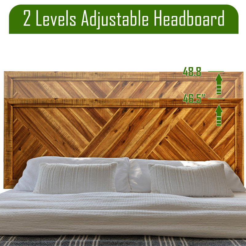 Sierra Solid Wood Bed Frame with Adjustable Headboard / Handcrafted Pattern Platform Bed, King, Walnut