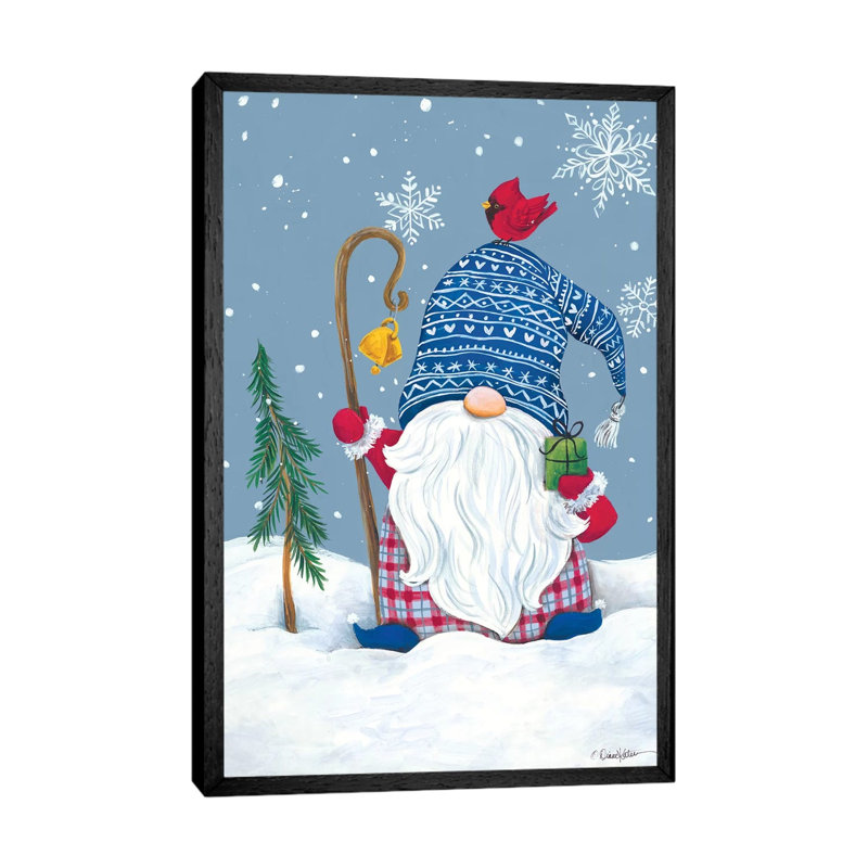 Snowy Gnome With Present by Diane Kater - Print on Canvas, 101.6 cm H x 66.04 cm W, Black Framed