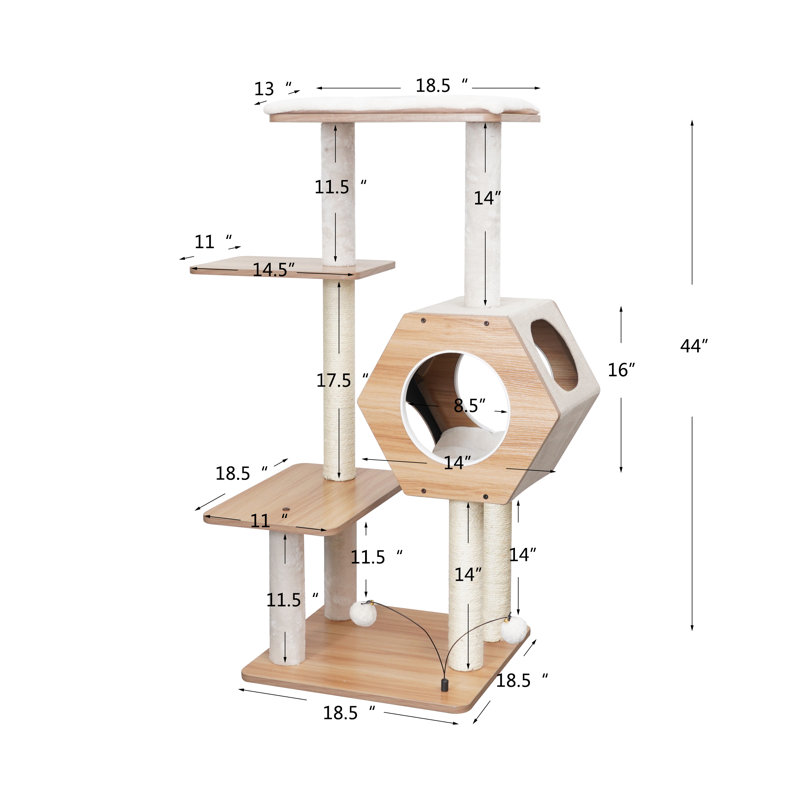 44" Beige Wooden Cat Tree with Condo and Sisal Scratching Posts