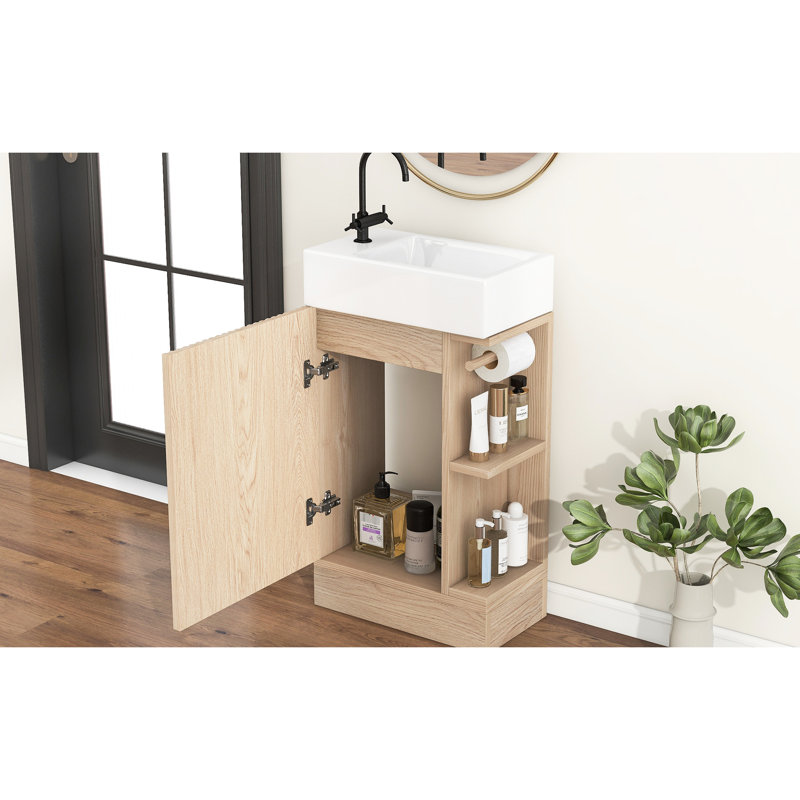 Meuble-lavabo de 18,6 po avec lavabo, armoire, porte-papier hygiénique, tablette, finition naturelle, orientation gauche ou droite et emplacement du lavabo en matériaux céramiques