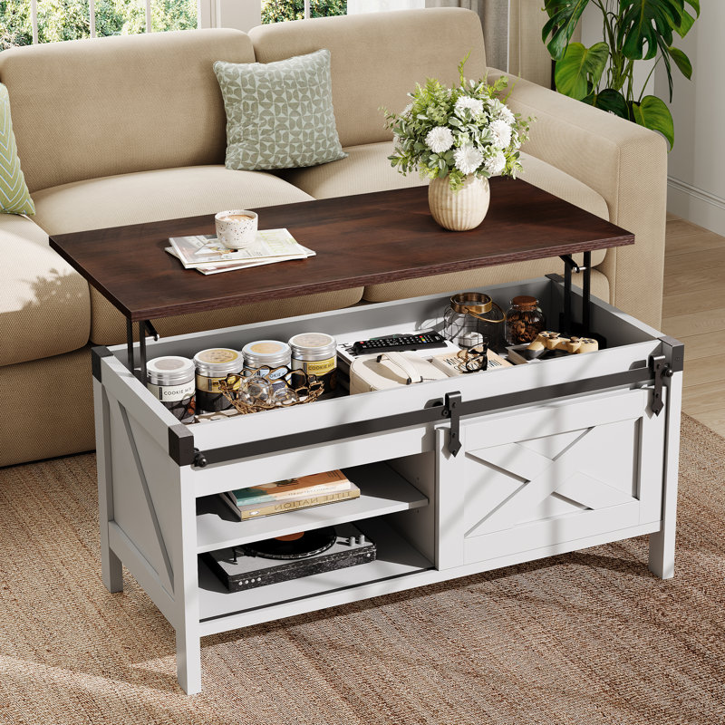 Wynny Lift-Top Coffee Table With Storage, 39.4" Farmhouse Wood Coffee Table With Removable Shelf, Sliding Barn Door Square Coffee Table For Living Room