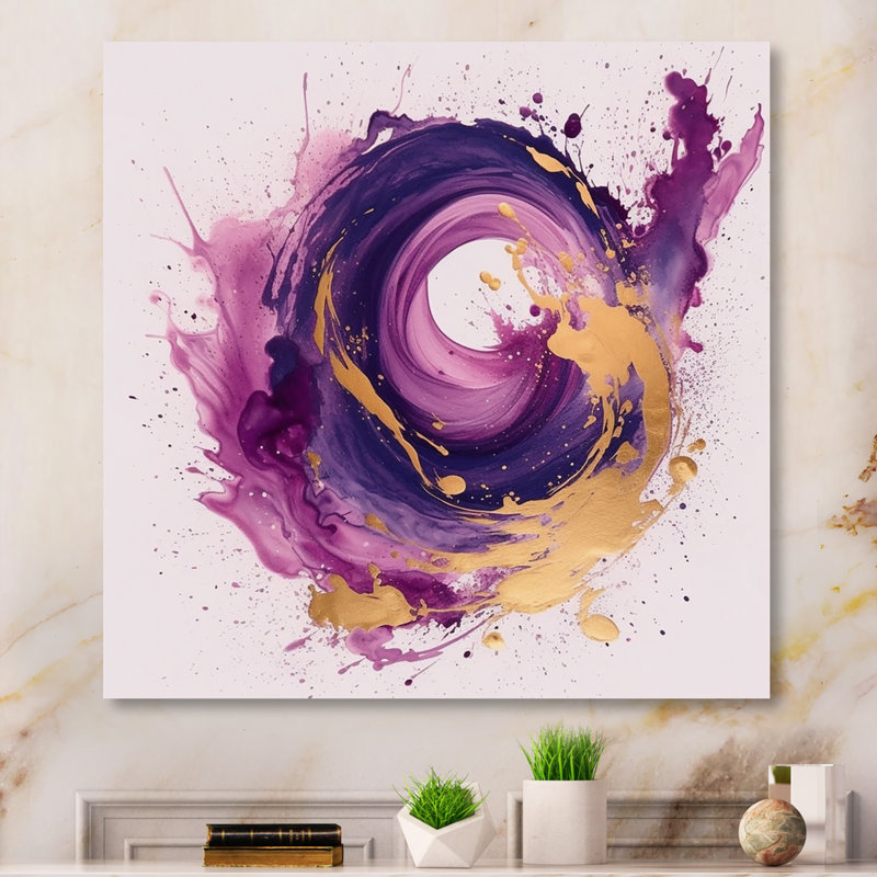 Toile abstraite, reproduction de spirale or mauve - Coups mauves et dorés II, 16" H x 16" W, Toile tendue