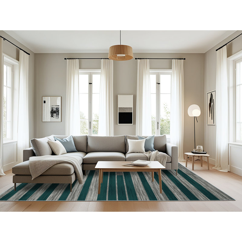 Tapis bleu à rayures horizontales lavable à la machine, Rectangle 6 pi x 9 pi