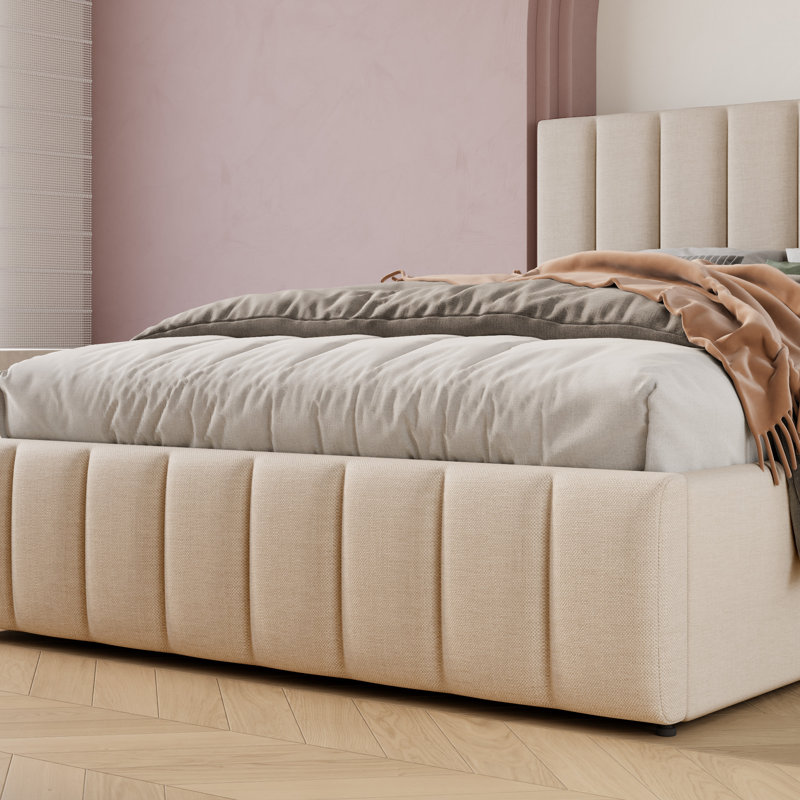 Lit plateforme en lin capitonné Juhi avec rangement relevable et support à lattes renforcé, Double, Beige