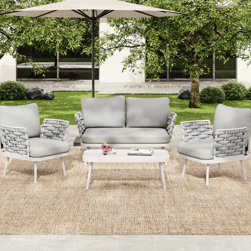 4 conversation de patio avec et de couleur grise, conception ergonomique pour la détente en plein air, corde épaisse tissée à la main, structure en acier rouille, housses de coussin hydrofuges amovibles, assemblage facile, style Mid-Century
