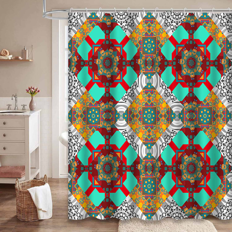 Rideau de douche géométrique gris et rouge à 12 crochets, L 72 po x l 84 po