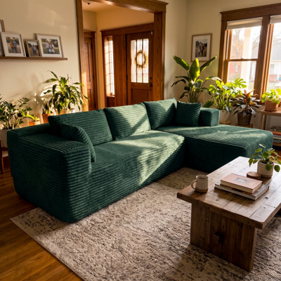 106" W Corduroy L-Shaped Sectional Sofa with Deep Seats, Chaise and Toss Pillows