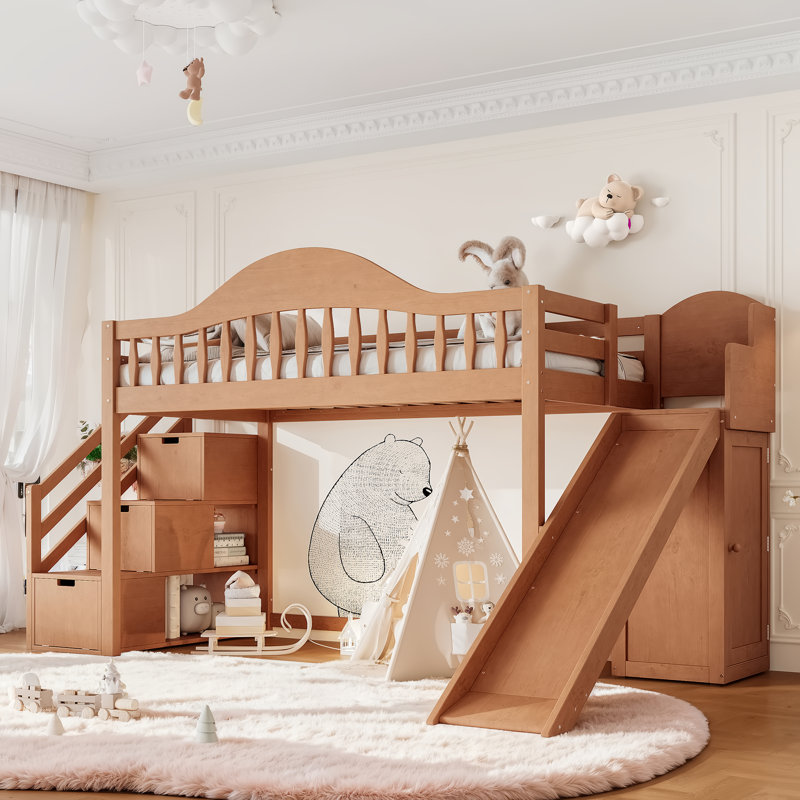 Lit mezzanine avec escalier de rangement, glissade et garde-robe intégrée, Lit simple, Noyer