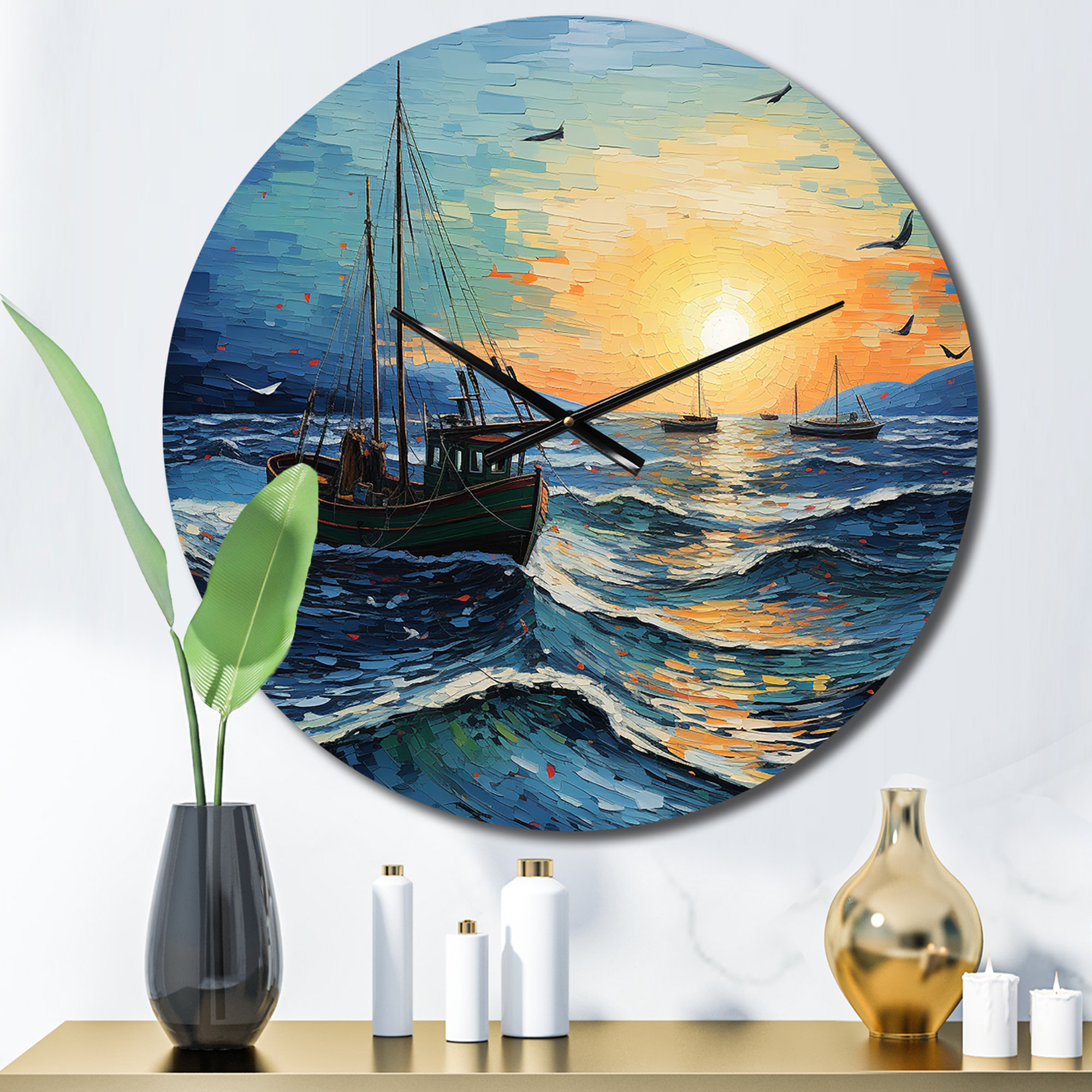 Designart Modern Fishing Boat Gold I Coastal Boat Metal Round Wall Decor