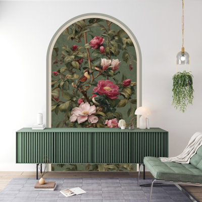 Vintage Birds and Peony Floral Arch Wall Decal – Peel & Stick Removable Wallpaper Mural in Sage Green