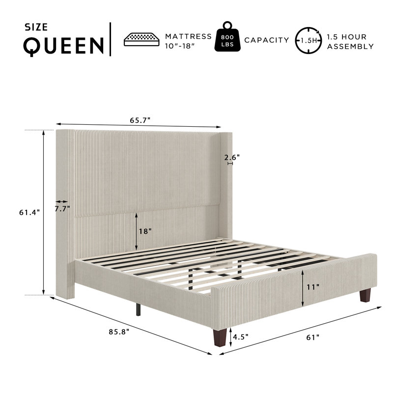 Cream Queen Corduroy Upholstered Bed with Wingback Headboard