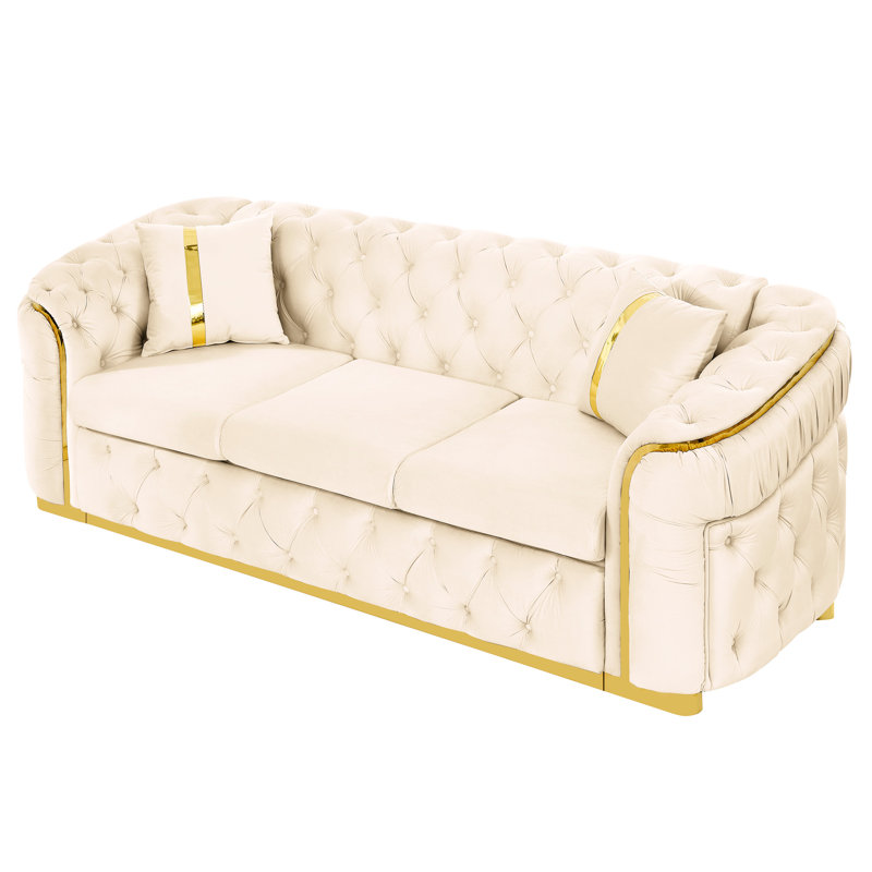 90,6 pouces velours beige, 3 places avec 2 coussins, accents en acier inoxydable doré, canapé de luxe moderne, beige, style