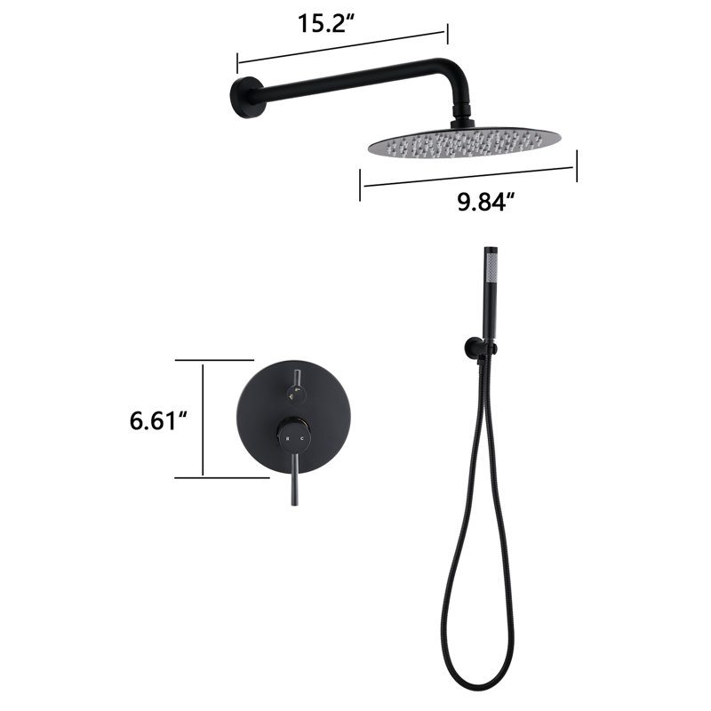 Matt Black Wall Mounted Shower With 10" Rain & Handheld Heads. Balance Valve, Skid Handle. 360 Rotatable. . 1.8 Gpm Flow. Swivel Spout. Compatible American Plumbing