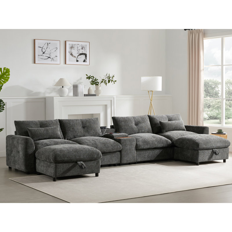 Canapé modulaire de 142 po avec repose-pieds et console de rangement mobile, porte-gobelet, siège large, canapé en U 6 places, canapé surdimensionné en chenille avec chargeur USB