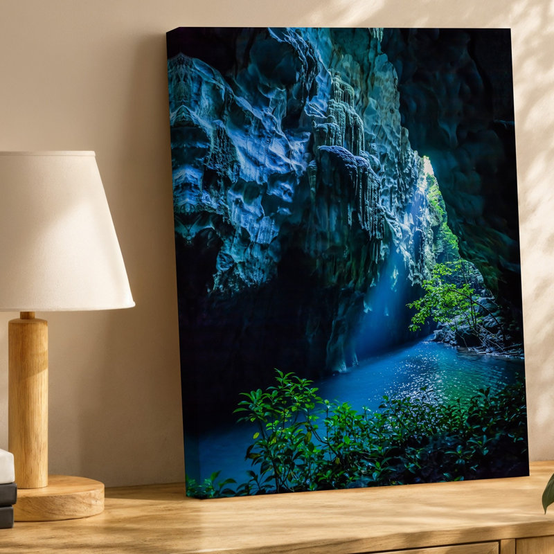 Reproduction d'art sur toile, "A Mystical Underground Cave Illuminated" par Ethereal, art mural bleu et vert