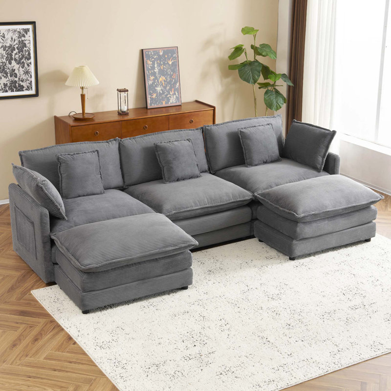 Corduroy Sectional Sofa, 35.4" H x 112.6" W x 57.1" D, Dark Gray Corduroy