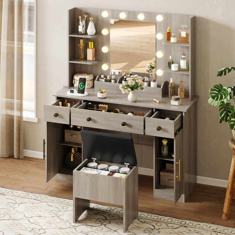Guram Vanity Set Modern LED Makeup Desk with Mirror, Ten Light Bulbs & Desktop Dazzle Light Adjustable Brightness, 7 Drawers & Stool, Usb Power Outlet