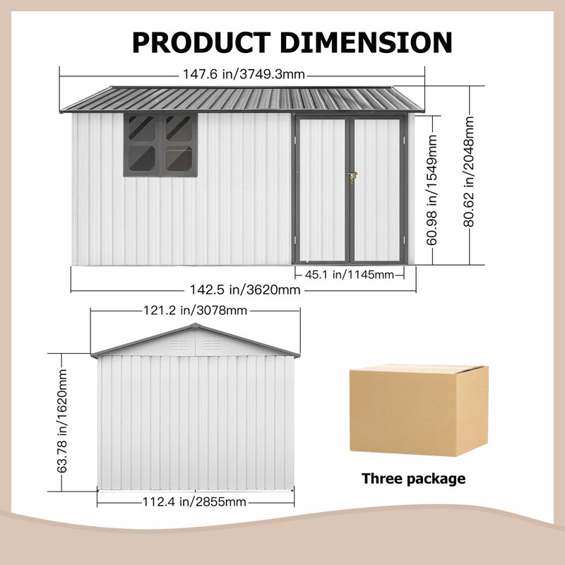 Abri de jardin 10 pi x 12 pi avec fenêtre grise - Remise de rangement extérieure en métal