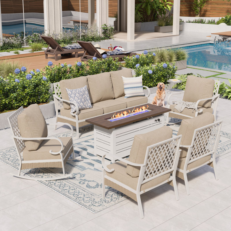 7 Person Outdoor Patio Seating Set With 2 Rocking Lounge Chairs & Fire Pit Table, White/Beige/Brown