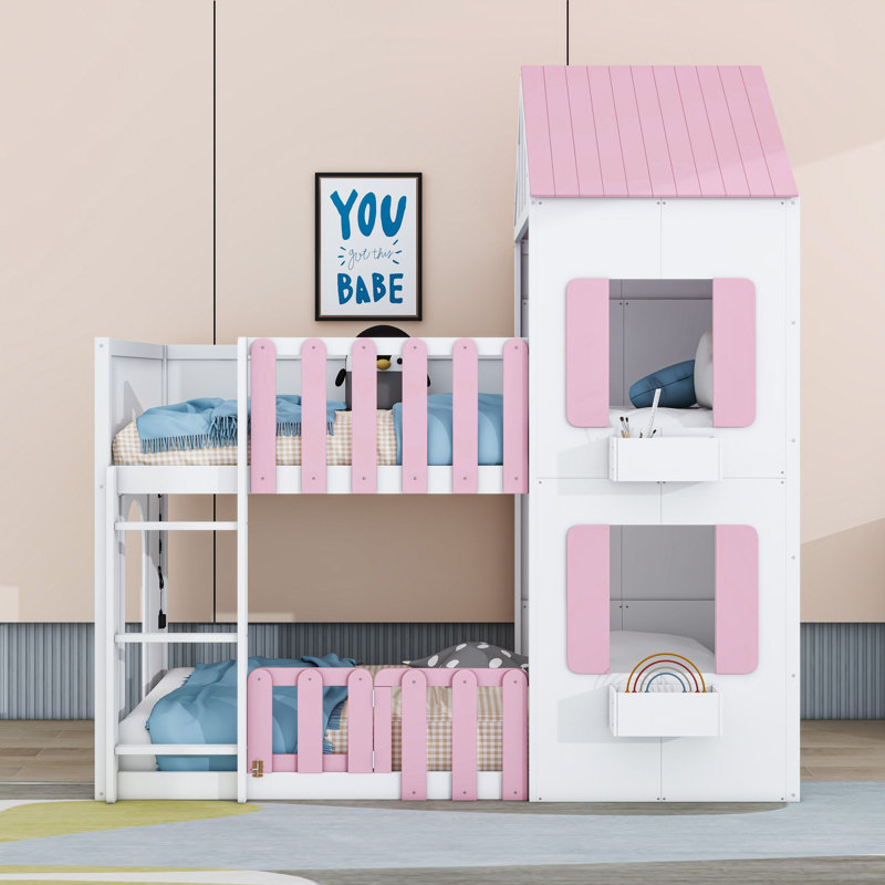 Lit superposé en bois en forme de maison avec barrières de sécurité et échelle, Lit superposé simple sur simple, Rose