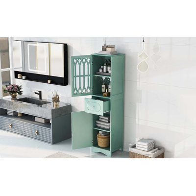 Armoire autoportante en lin 63,8 "avec porte en acrylique et tablette et tiroir réglables, armoire de salle de bain haute, armoire de rangement en bois pour le bureau de la cuisine du salon