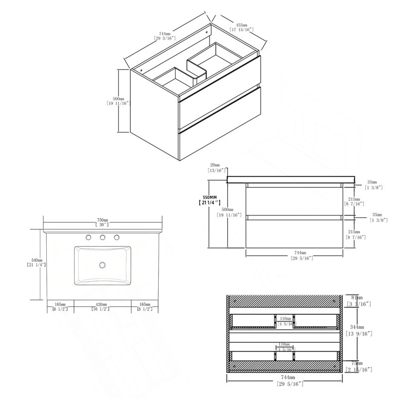Meuble-lavabo flottant 30 po avec lavabo, tiroir à fermeture en douceur, comptoir en marbre de culture blanc Carrara de 2 po et dosseret, contreplaqué