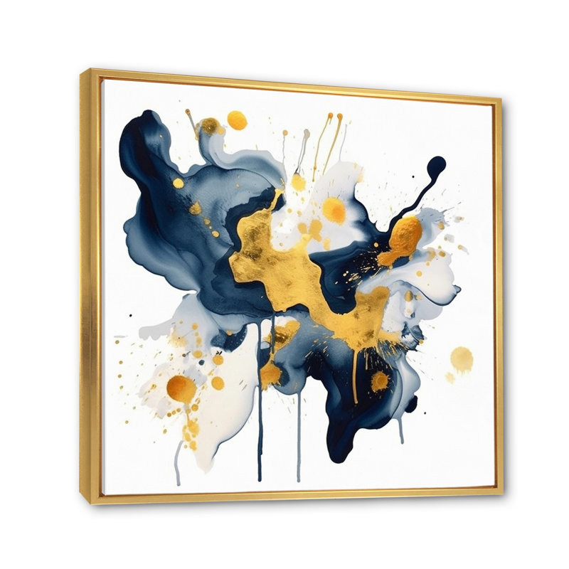 Bleu foncé et coups dorés XXII, H 16 po x l 16 po x P 1 po, Cadre flottant doré