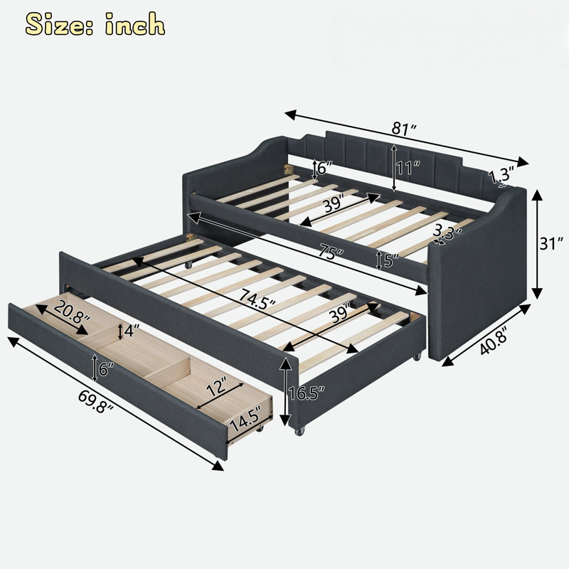 Upholstered Daybed With Trundle And 3 Drawers, Grey
