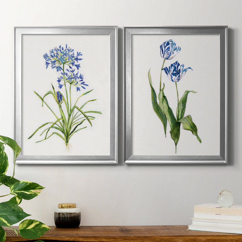 Blue Botanical Prints with Silver Frames, Set of 2
