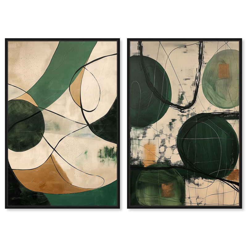 Greenlight Breeze Set Canvas Set of 2 Elegant Abstract Sets by Art Remedy, Black Floater Framed, 15" H x 10" W