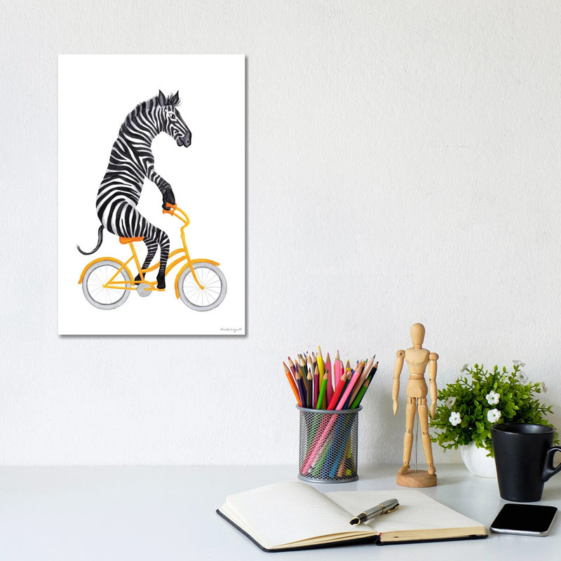Zebra On Bike by Amélie Legault - Wrapped Canvas Gallery-Wrapped Canvas Giclée, 20.32 cm H x 30.48 cm W