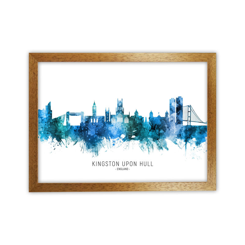Kingston Upon Hull England Skyline Blue City Name by Michael Tompsett - Print, Oak Framed, 64cm H x 88cm W x 3cm D