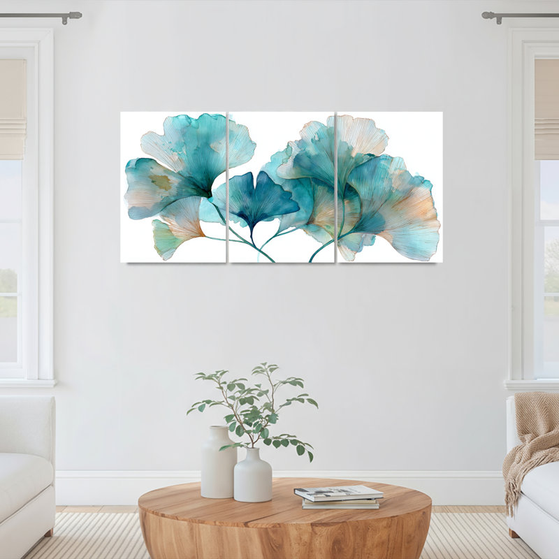 Ensemble de 3 tableaux muraux aquarelle sur toile tendue, motif feuilles de ginkgo bleu, H 18 po x l 36 po