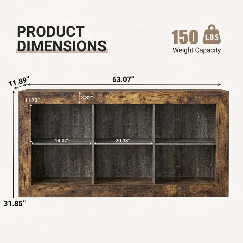 63" Rustic Farmhouse Wooden Console Table With 6 Open Storage Cubbies