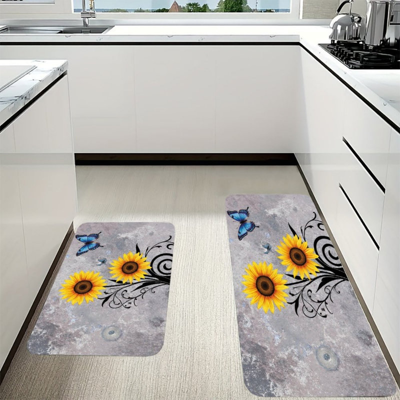 Grey Sunflower Kitchen Mats, 2 Pack Boho Rugs For Kitchen & Entryway