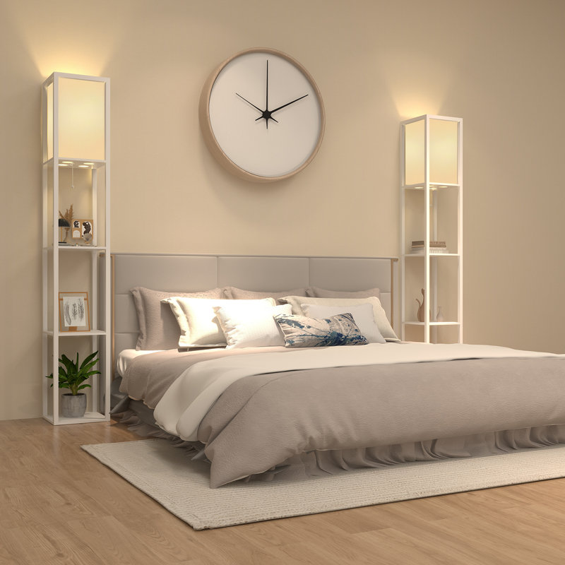 Floor Lamp with 3 Layers Wooden Shelves, Modern 160cm Standing Light Reading Lamp for Living Room, No, White