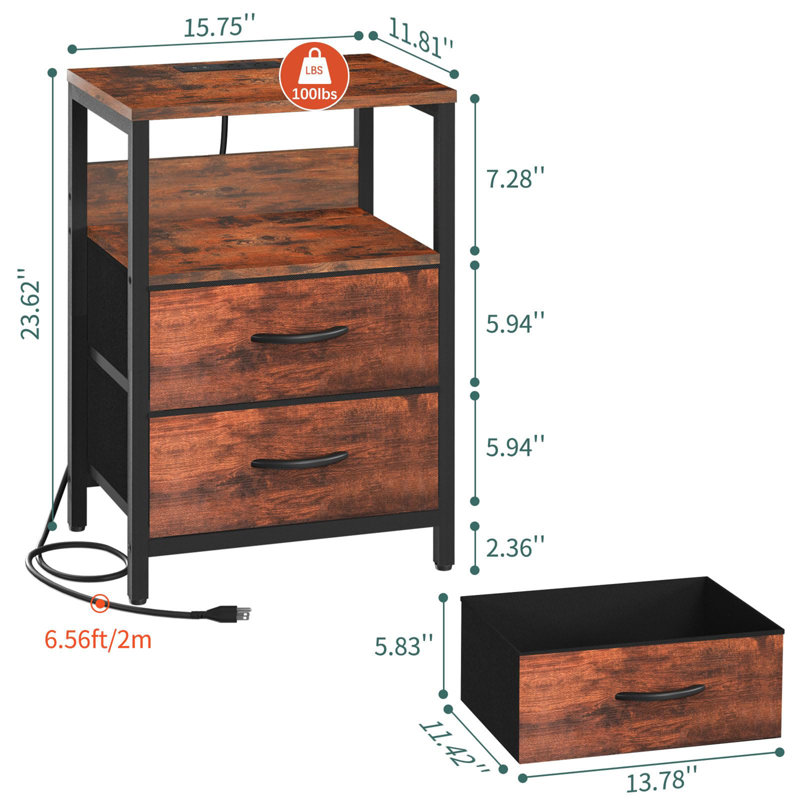 Nightstand with Charging Station, Berry Brown/Black