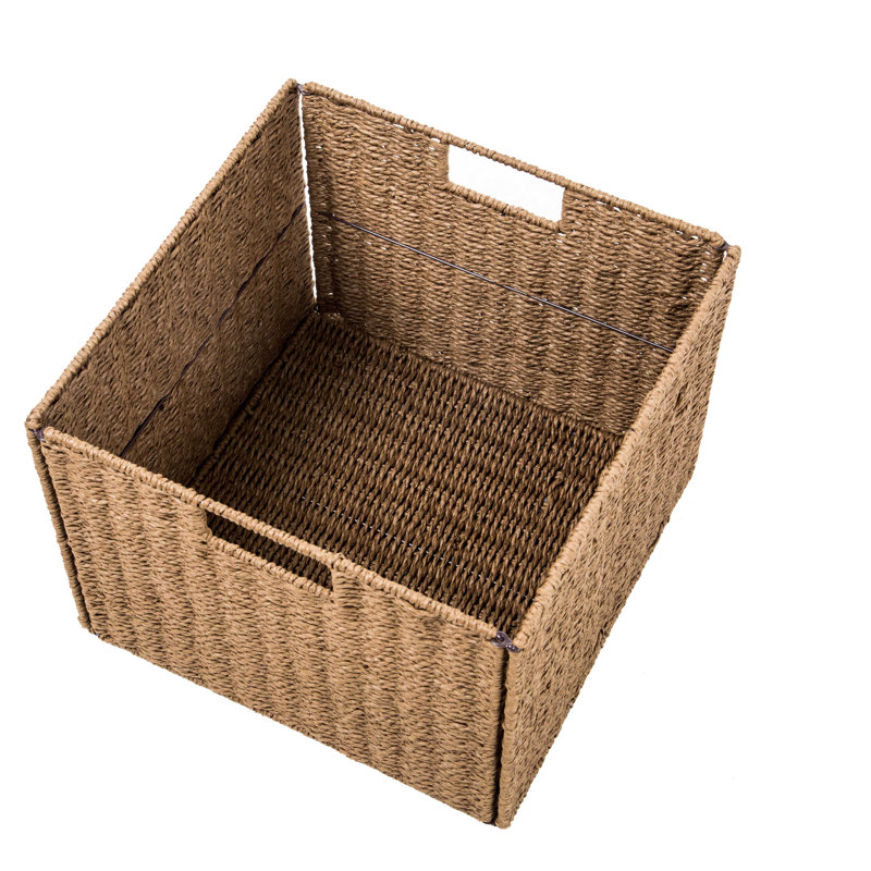 Walnut Brown Foldable Paper Rope Storage Baskets with Iron Frame, Set of 4
