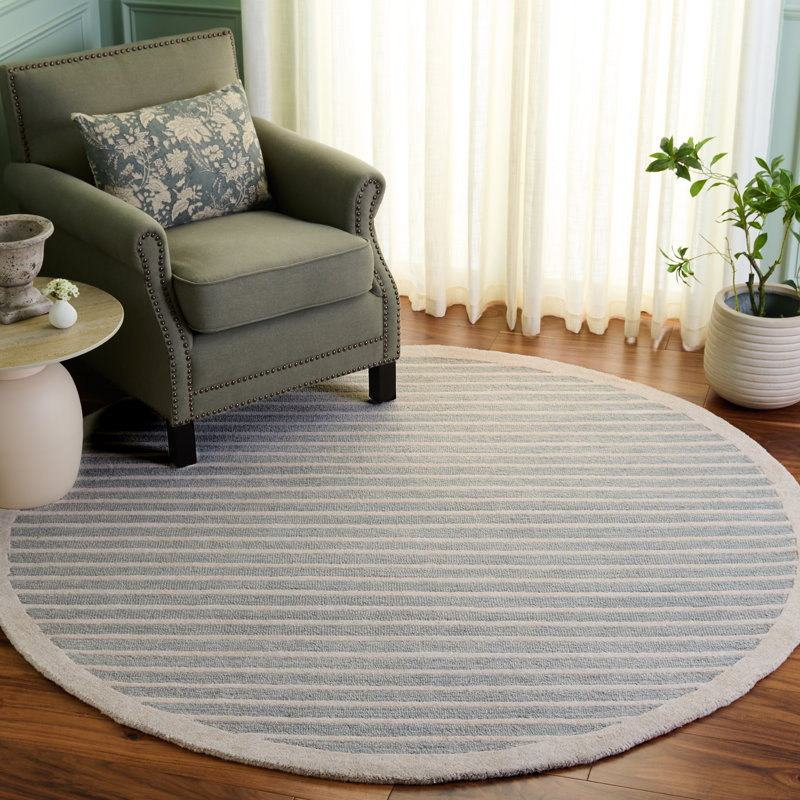 Ebony Hand Tufted Wool/Cotton Striped Rug in Light Blue/Ivory, Round 6'