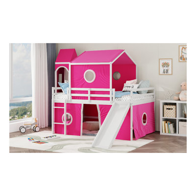 Full Size Loft  Bed With Slide Pink Tent And Tower - Pink